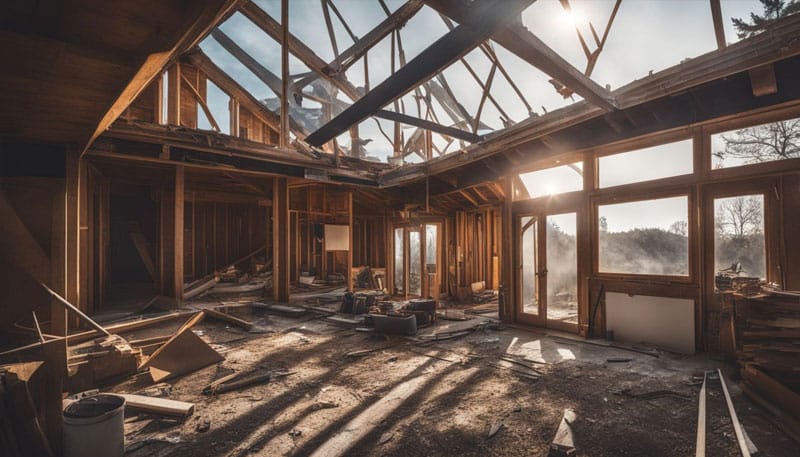 Sunlight streams through the wooden framework of a house under construction.