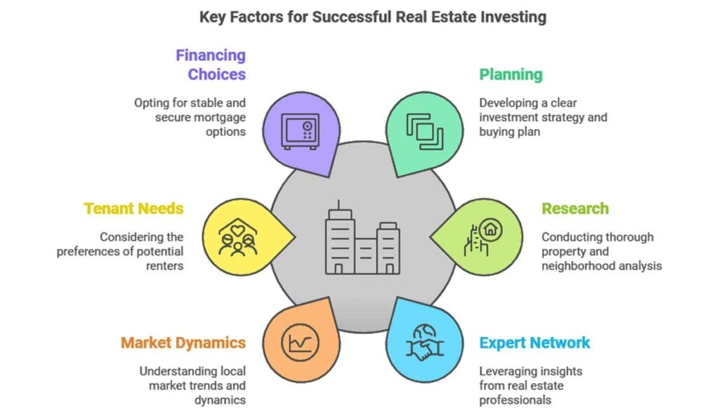 Infographic illustrating key factors for successful real estate investing: financing choices, planning, research, expert network, market dynamics, and tenant needs.