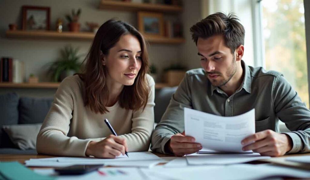 A man and woman sit at a table reviewing documents together, with papers and pens in front of them in a home setting.