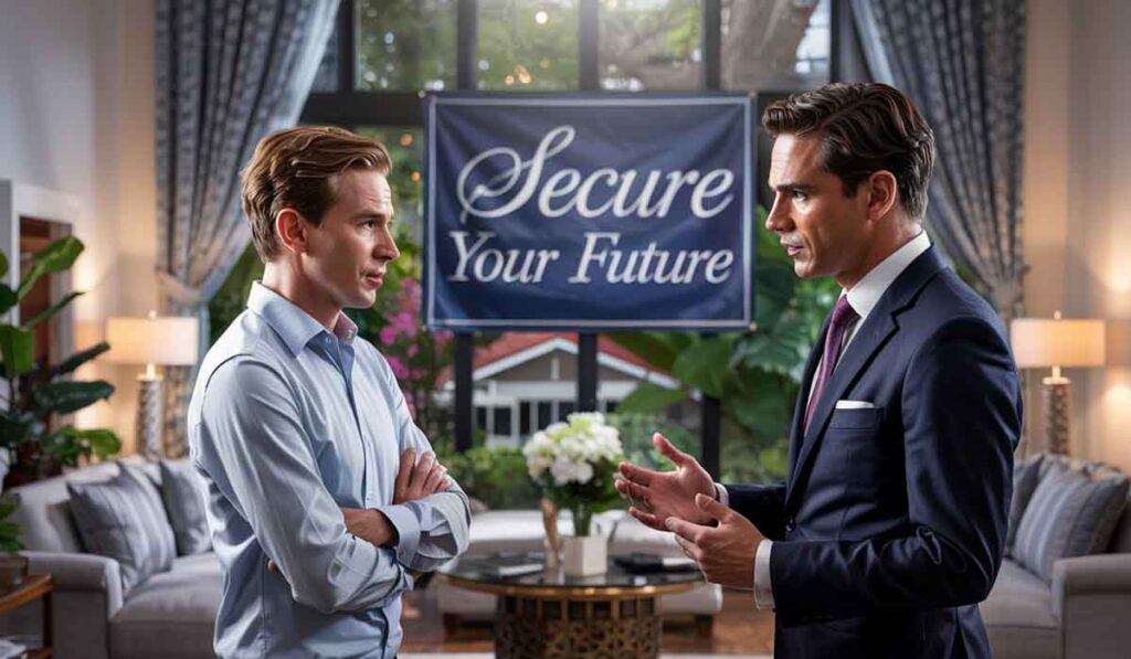Two men converse seriously in a well-furnished room with a banner behind them reading "Secure Your Future.