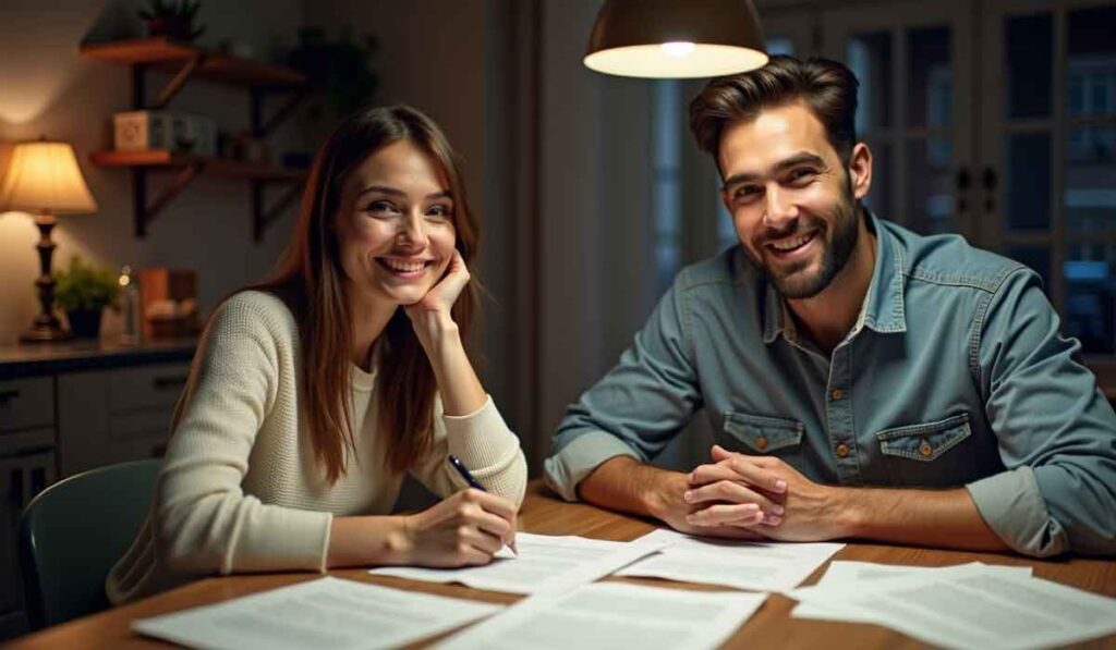 A smiling man and woman sit at a table covered with papers, with the woman holding a pen, in a warmly lit home setting.