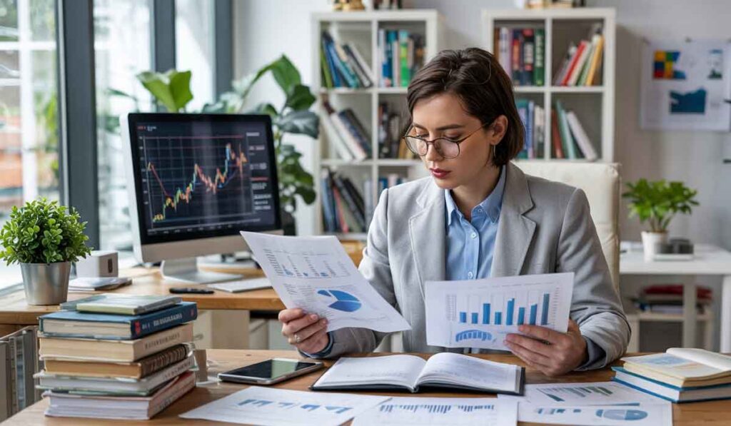 A woman in business attire reviews financial charts and documents at a desk in an office, with a computer displaying a stock market graph in the background.