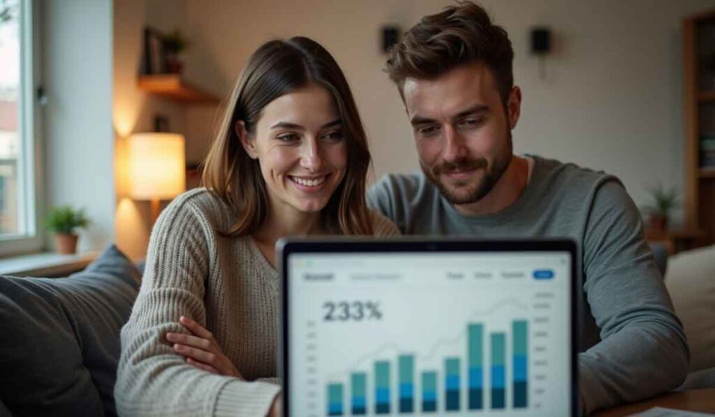 A smiling couple looks at a laptop screen displaying a bar graph with the percentage "233%" visible, sitting together in a cozy living room.