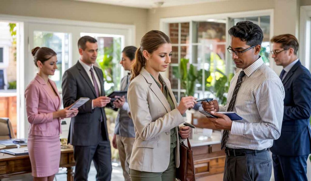 A group of professionally dressed people exchange business cards and identification in a busy open house setting.