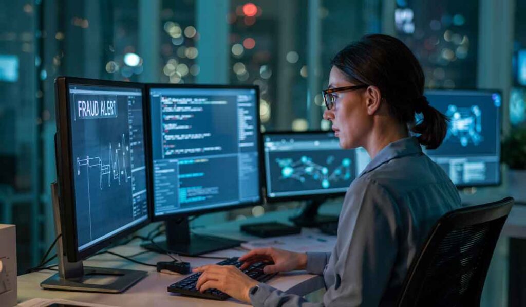 Woman working at a desk with multiple computer monitors displaying data, code, and a "Fraud Alert" warning in an office at night.
