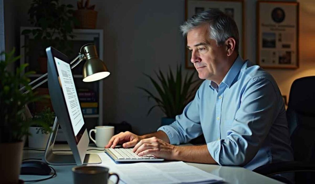 Middle-aged man in a blue shirt works at a desktop computer in a home office, with a desk lamp, plants, books, and coffee mugs visible on the desk.