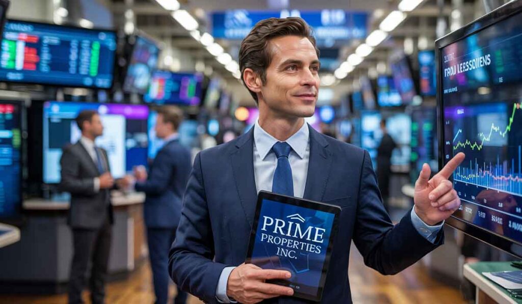 A man in a suit holds a tablet displaying "Prime Properties Inc." and points to a financial graph on a monitor in a busy office with multiple screens.