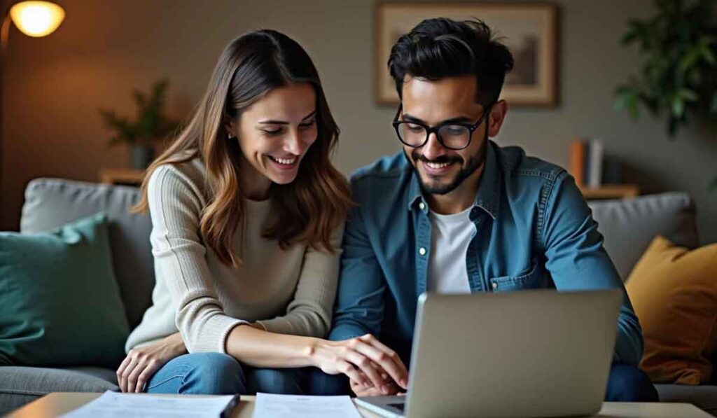 A smiling couple sits on a couch looking at a laptop together with papers on the table in front of them.
