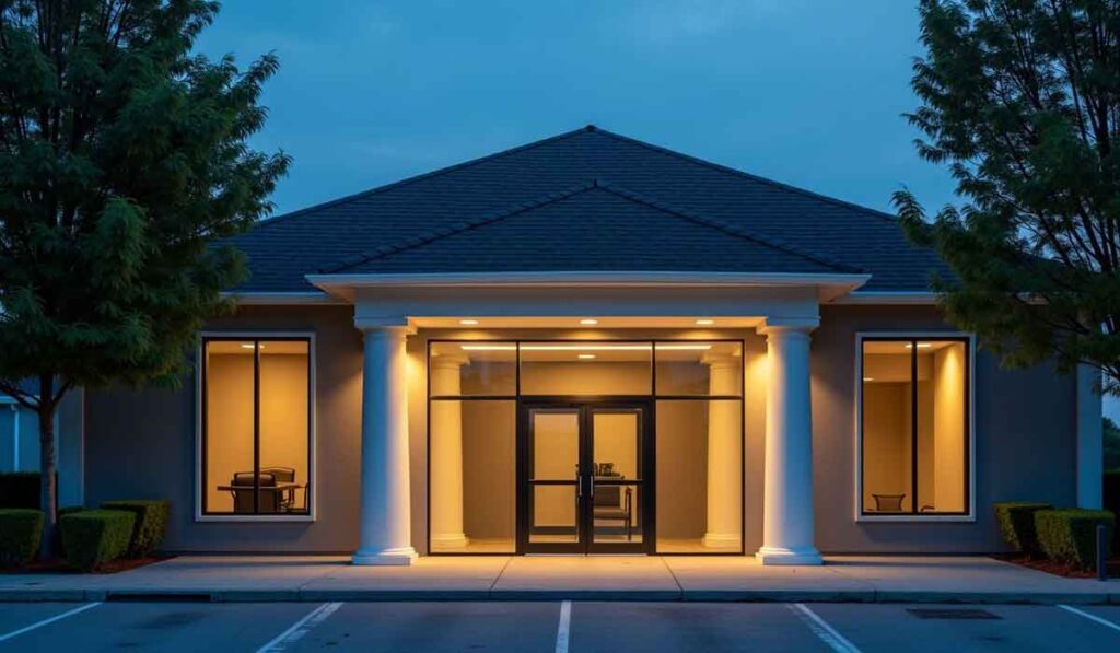 A small office building with large windows and columns is illuminated at dusk, with empty chairs and desks visible inside.