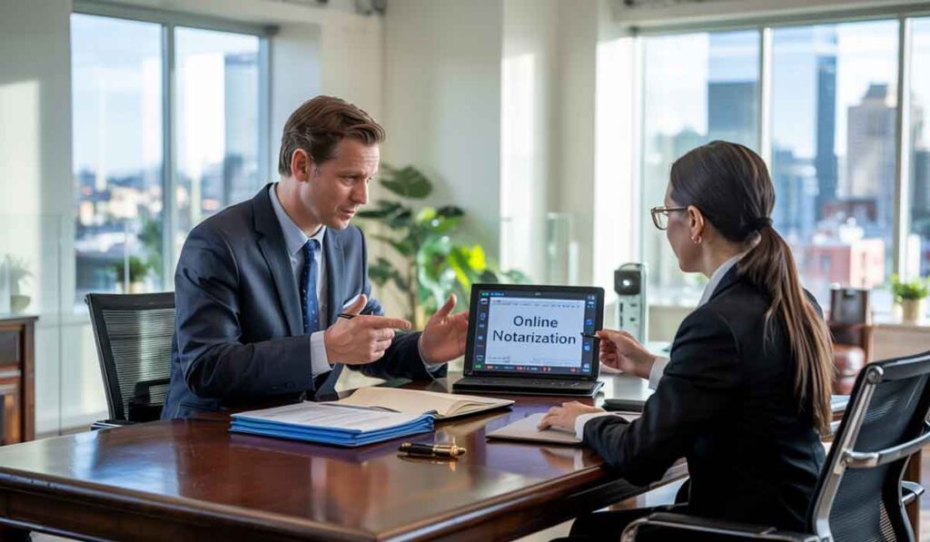 Two professionals sit at a desk in an office, discussing a laptop screen displaying the words "Online Notarization.