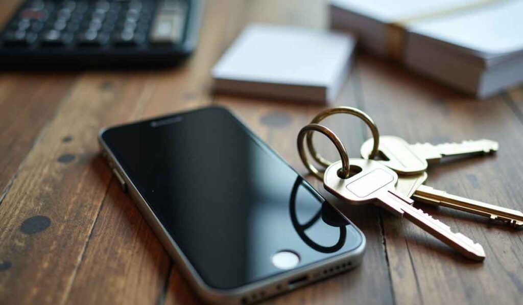 A smartphone, a set of keys, and a calculator rest on a wooden table next to a stack of notecards.