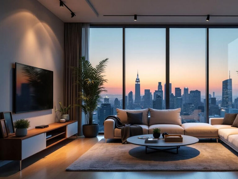 Modern living room with a large white sectional sofa, TV, plants, and floor-to-ceiling windows showing a city skyline at sunset.