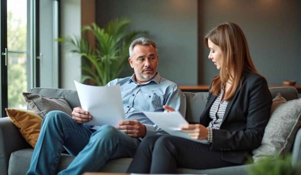 A man and a woman sit on a sofa holding papers, engaged in a serious conversation in a modern office setting.