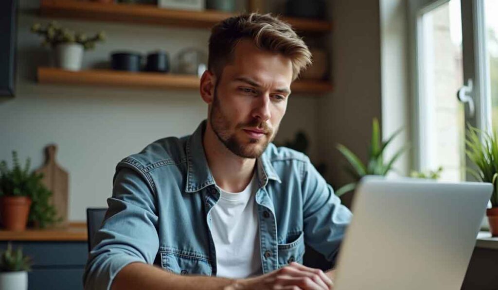 A man with a beard and denim shirt sits at a table, working on a laptop in a well-lit room with shelves and potted plants in the background.