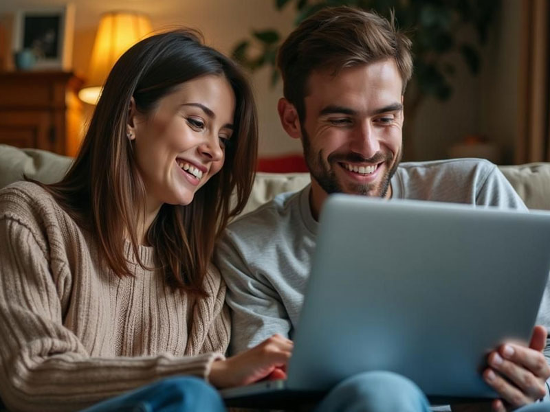 A man and woman sitting on a couch, smiling and looking at a laptop screen together in a warmly lit room.