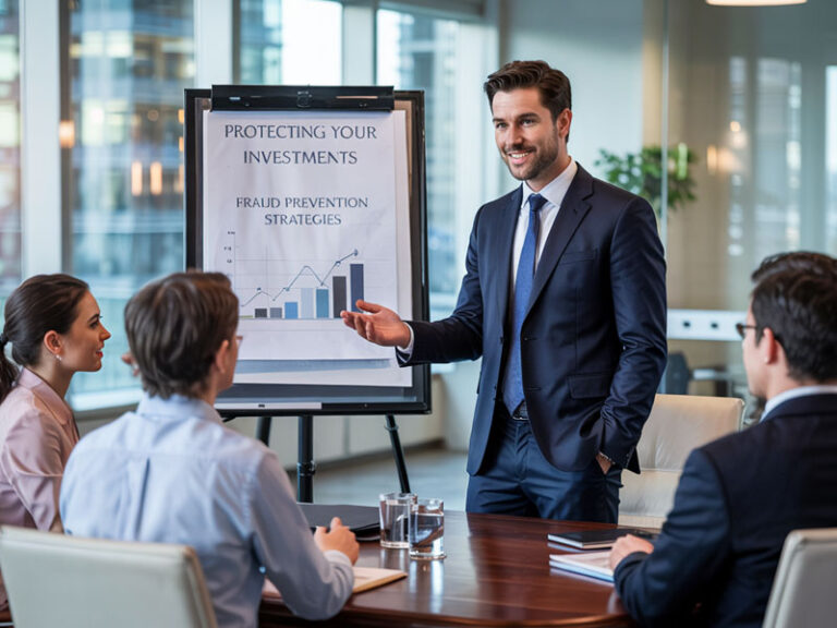 A man in a suit gives a presentation on "Protecting Your Investments: Fraud Prevention Strategies" to three colleagues in a conference room.