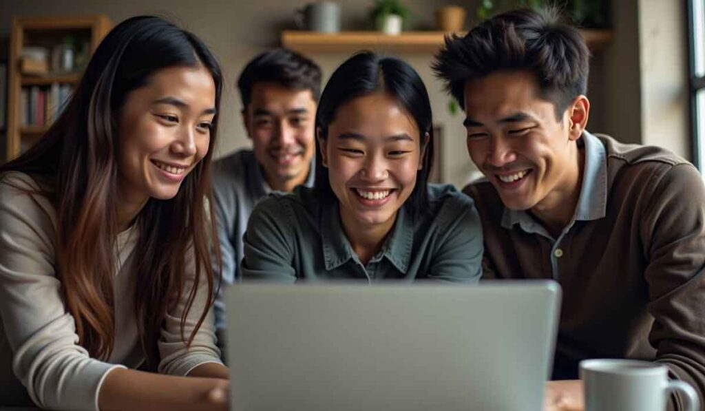 Four young adults sit closely together, smiling as they look at a laptop screen in a cozy indoor setting.