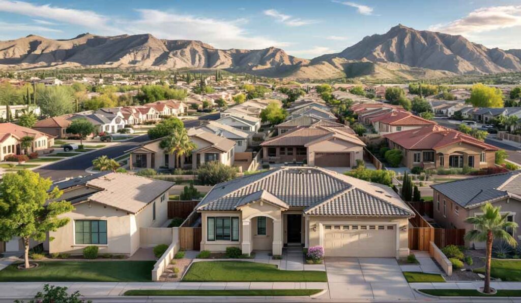 Aerial view of a suburban neighborhood with single-family homes, tree-lined streets, and mountains in the background under a partly cloudy sky.