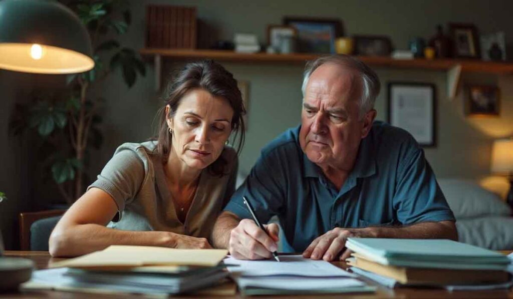 Two adults sit at a table reviewing documents together, appearing focused and serious, with papers and folders spread out in front of them.