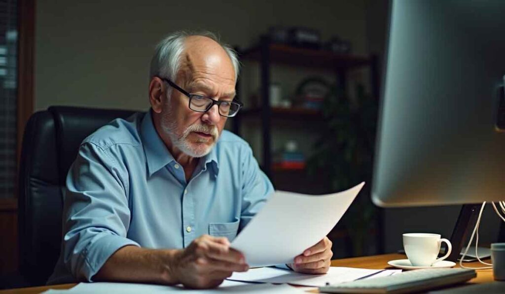 An older man with glasses sits at a desk, reading documents in a dimly lit office. A computer monitor, papers, and a cup of coffee are on the desk.