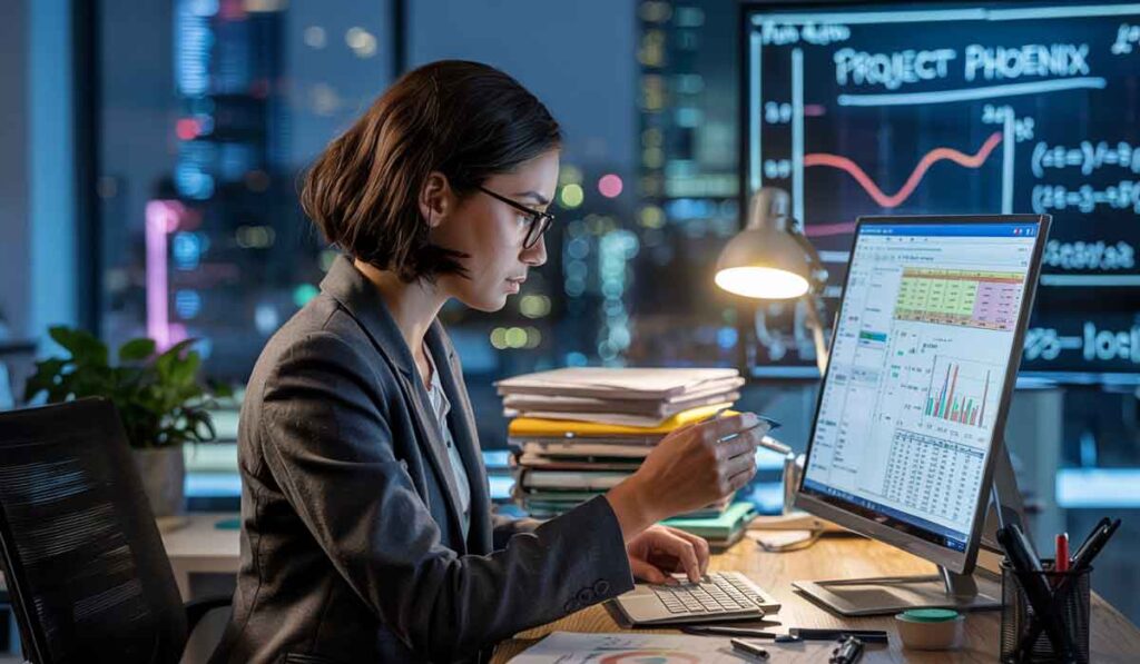 A woman in business attire works at a desk with financial charts on her computer screen and a project graph on a monitor in a modern office at night.