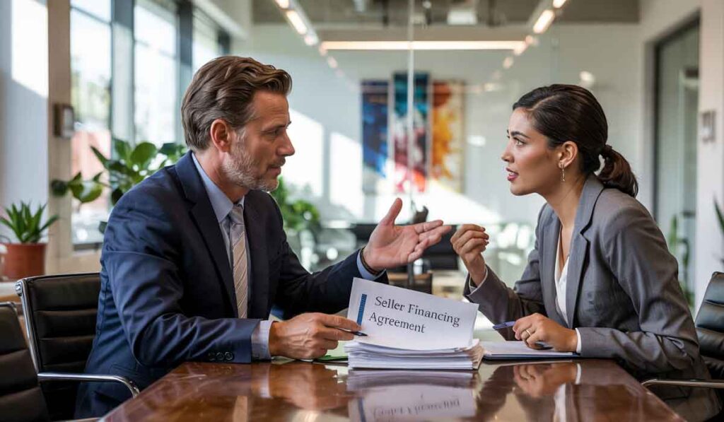Two business professionals in a meeting room discuss a document labeled "Seller Financing Agreement" at a conference table.