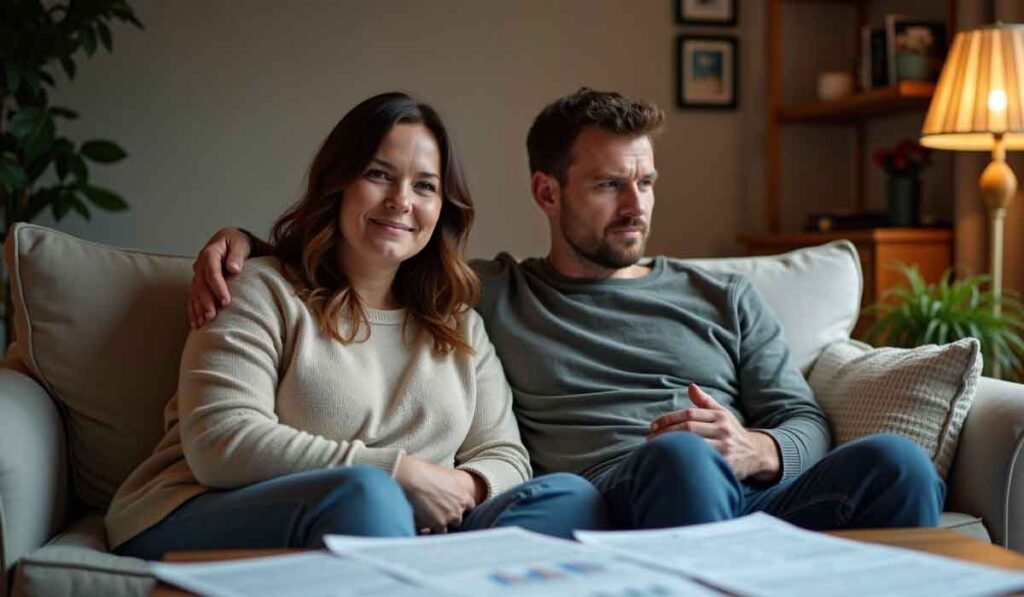 A woman and a man sit on a couch together, looking in different directions, with papers spread out on the table in front of them in a warmly lit living room.
