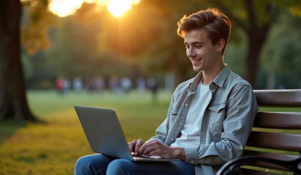 Young man sitting on a park bench using a laptop, with sunlight filtering through trees in the background.