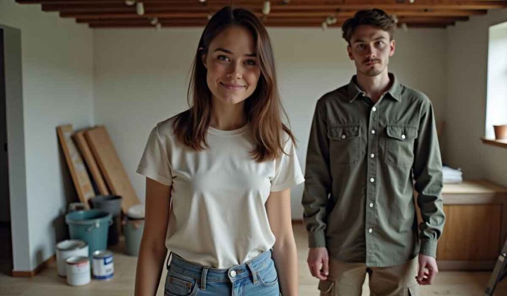 A woman in a white T-shirt and a man in a green shirt stand in a room under renovation with paint cans and wooden planks in the background.