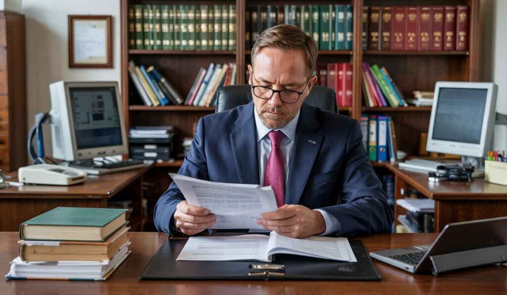 A man in a suit sits at a desk in an office, reading documents. Books, a laptop, and office equipment are on the desk and shelves of law books are behind him.