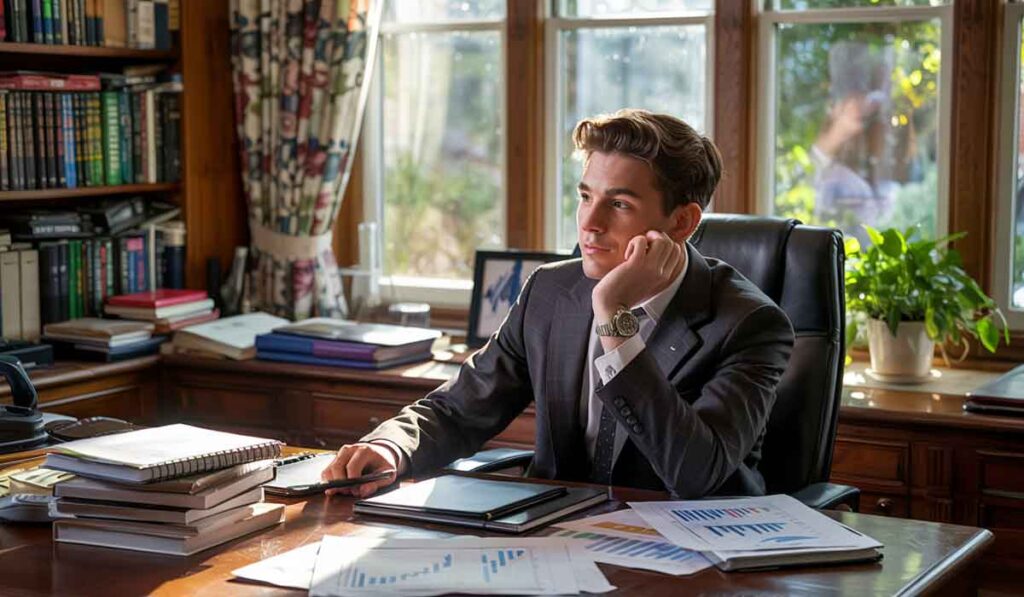 A young man in a suit sits at a desk covered in documents and books, looking out the window thoughtfully in a home office.