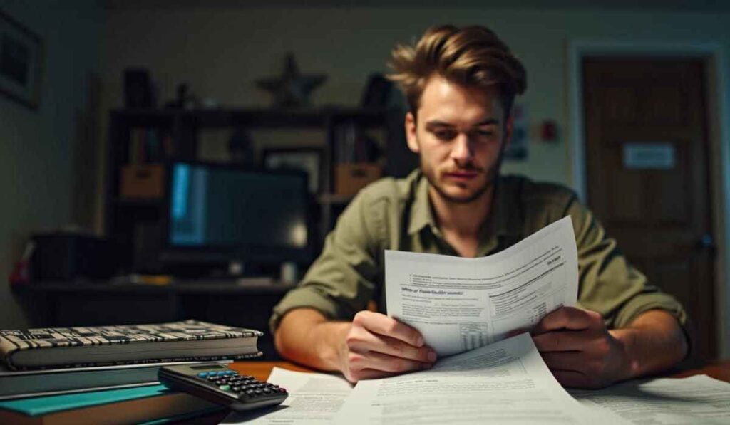 A man sits at a desk reviewing documents, surrounded by books, papers, and a calculator, with a computer monitor in the background.