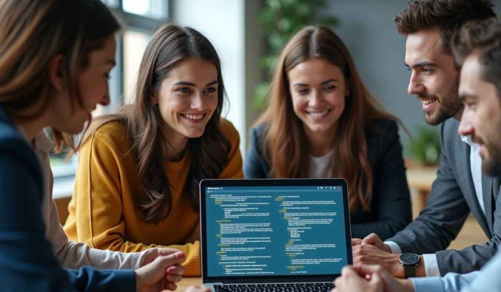 Four people sit around a table, smiling and looking at a laptop displaying lines of code.