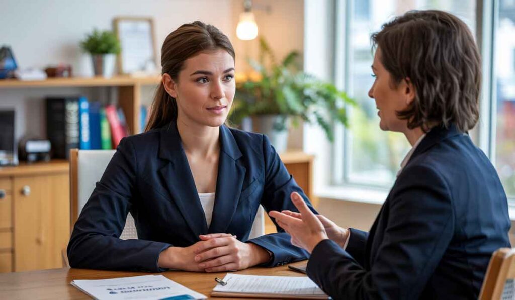 Two women in business attire sit across a desk in an office, engaged in a conversation. Papers and a pen are on the table.