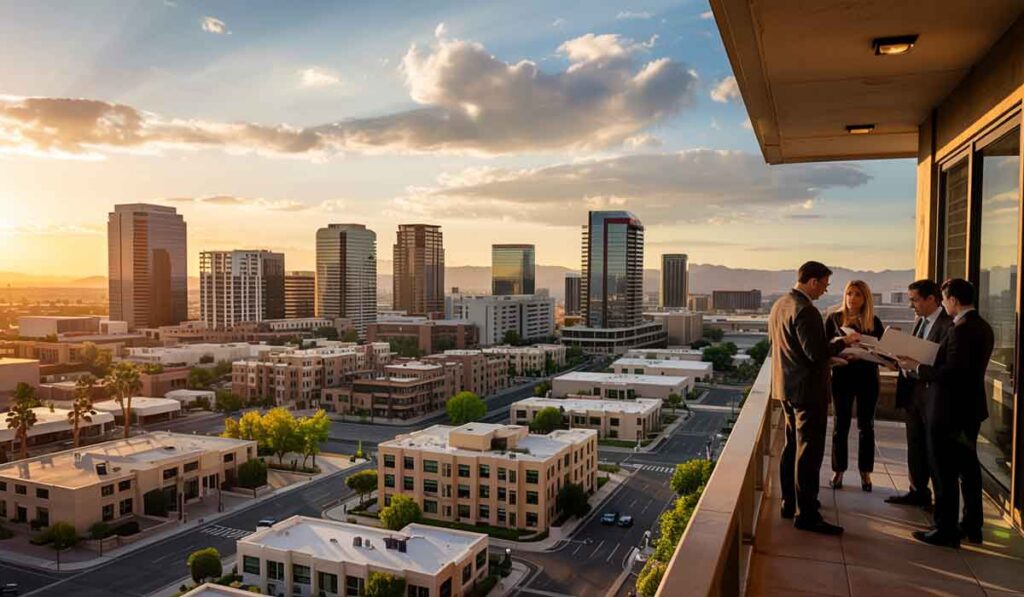 Four business professionals stand on a balcony overlooking a modern cityscape during sunset, engaged in a discussion with documents in hand.