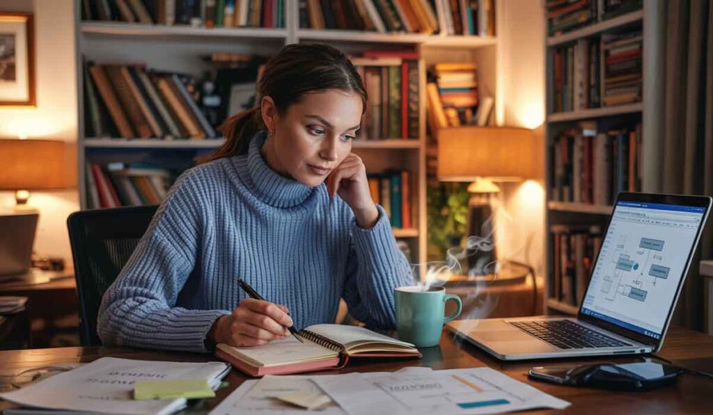A woman in a blue sweater studies at a desk with books, papers, a laptop, and a steaming mug, in a warmly lit room with shelves of books.