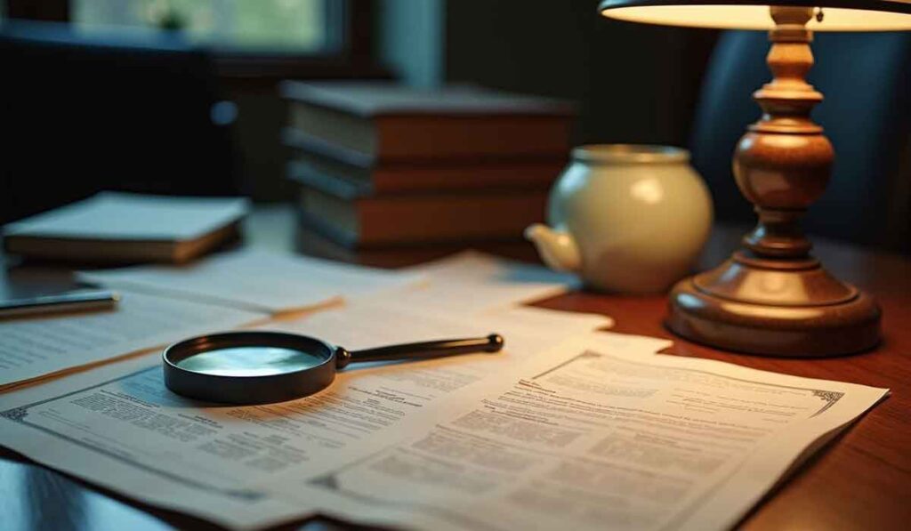 A magnifying glass rests on legal documents beside books, a pen, and a lamp on a wooden desk.